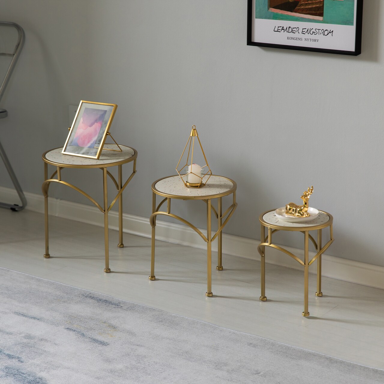 Decorative Gold Metal Round Plant Stand Modern White Marble Look